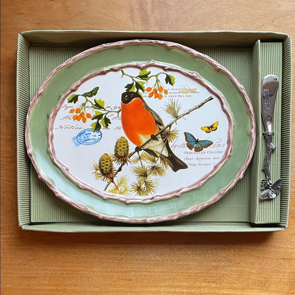 Mud Pie Nesting Oval Serving Dish with Silver Spreader Robin Bird Theme New